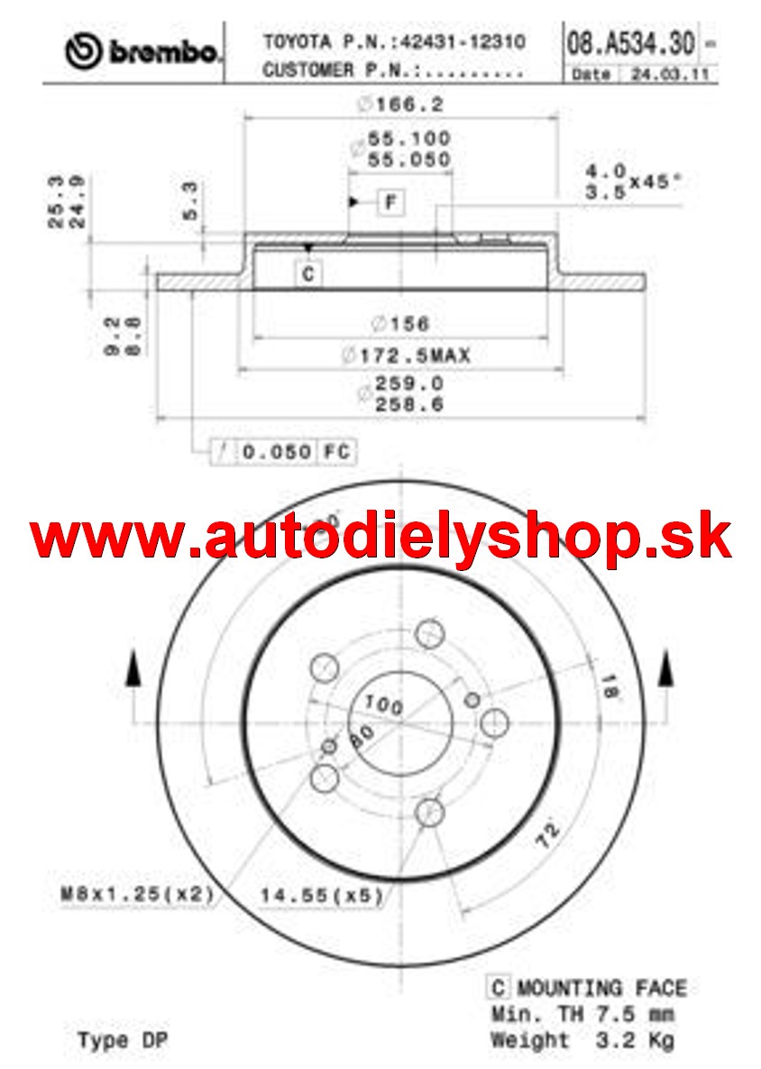 Toyota PRIUS 1/09-2012 zadné kotúče sada L+P /BREMBO/