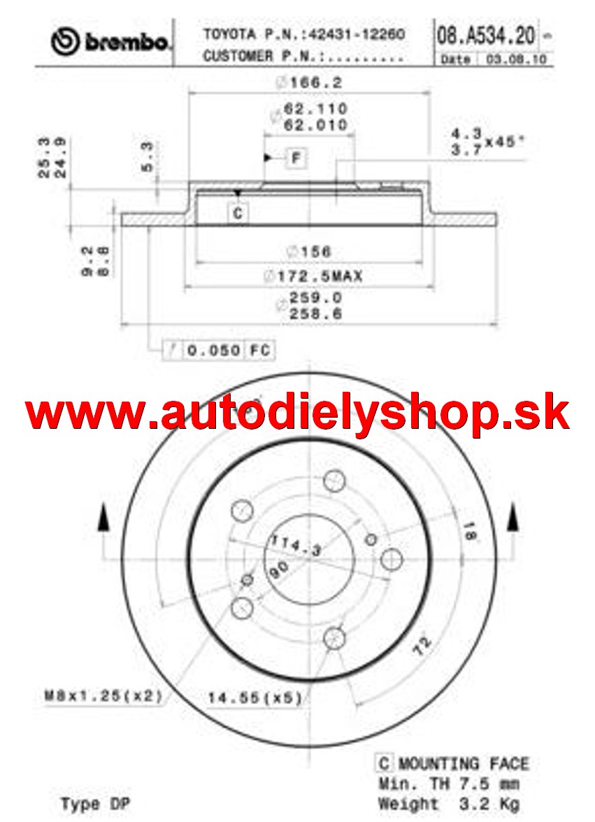 Toyota COROLLA 03/07- zadné kotúče sada L+P /BREMBO/